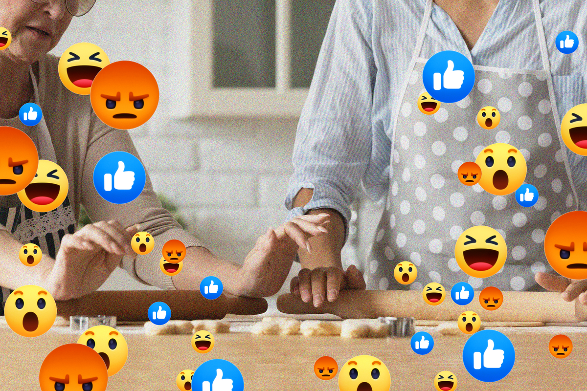 A photo illustration of Facebook reaction emojis overlayed on top of a photo of two women in a kitchen