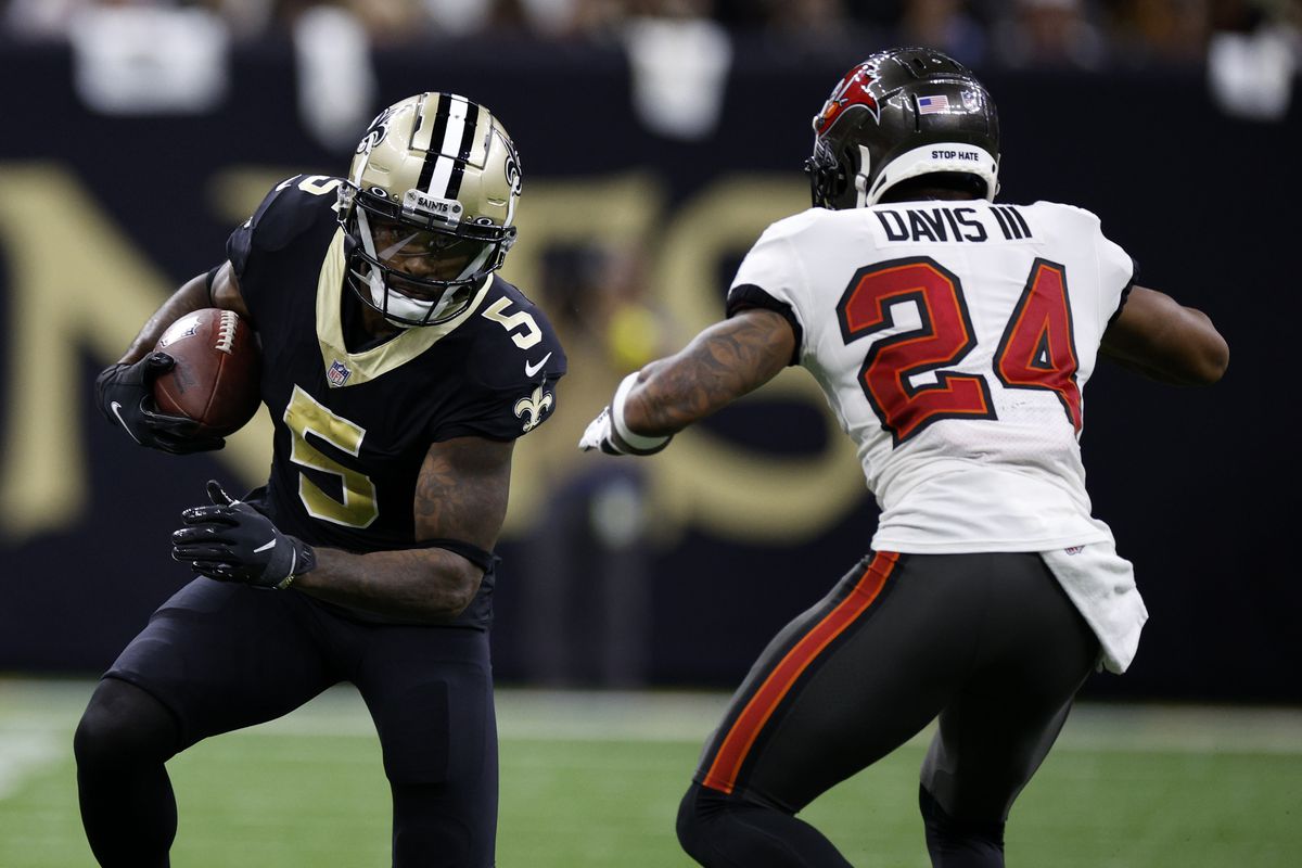Jarvis Landry #5 of the New Orleans Saints in action against the Tampa Bay Buccaneers at Caesars Superdome on September 18, 2022 in New Orleans, Louisiana.