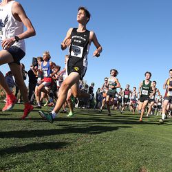 The varsity boys run the 5K during the BYU Autumn Classic Cross Country Invitational at the East Bay Golf Course Saturday, Sept. 14, 2019 in Provo.