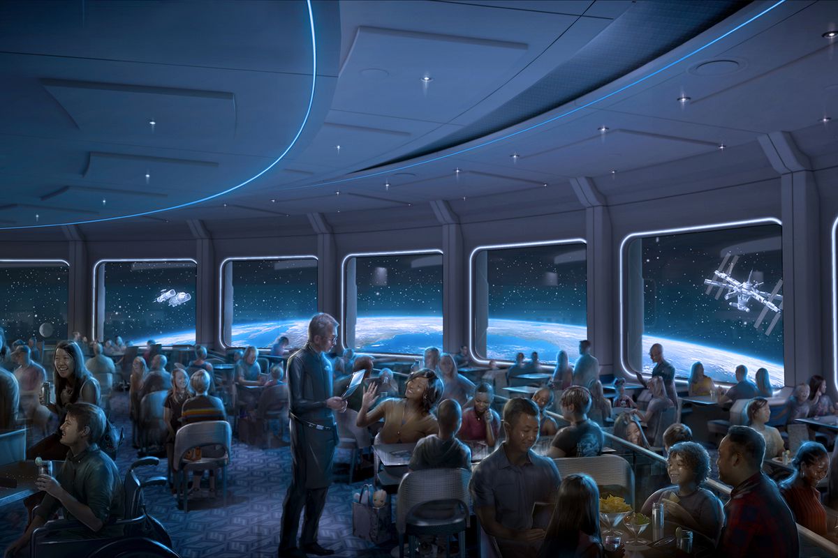 A view of the earth and orbiting space ships from the window of Epcot’s forthcoming Space 220 restaurant