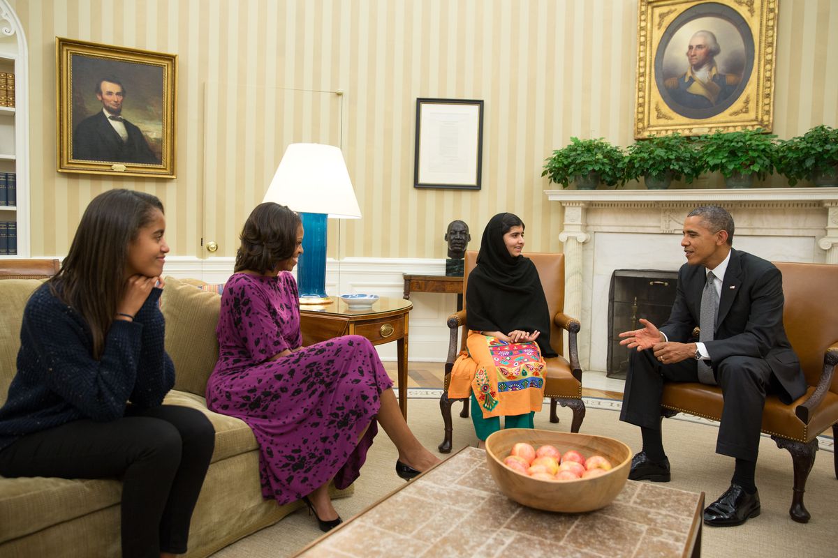 Malala Yousafzai meets with the Obama family, discussing topics including the drone war in Pakistan.
