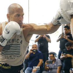Tito Ortiz throws a jab at the Liddell vs. Ortiz 3 open workouts at Kings MMA in West Hollywood, Calif.