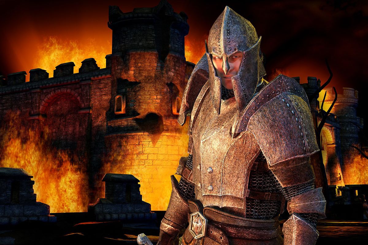 A knight standing in front of a burning castle in The Elder Scrolls 4: Oblivion
