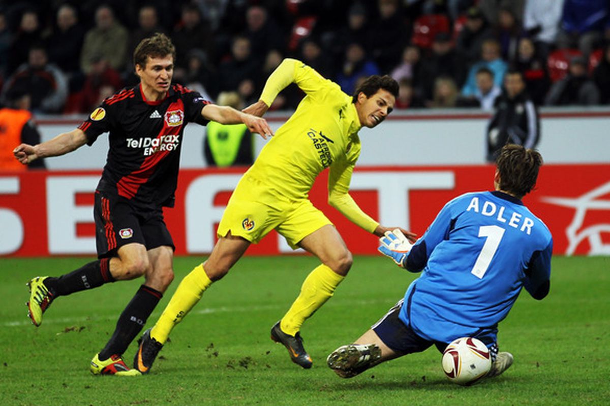 MARCH 10, 2011: Villarreal's Nilmar scores the game-winning goal against Bayer 04 Leverkusen during the UEFA Europa League round of 16, first leg at BayArena in Leverkusen, Germany.