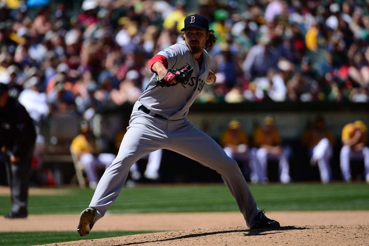 Oakland, CA, USA; Boston Red Sox relief pitcher Andrew Miller (30) delivers a pitch during the seventh inning against the Oakland Athletics at O.co Coliseum. Mandatory Credit: Kyle Terada-US PRESSWIRE