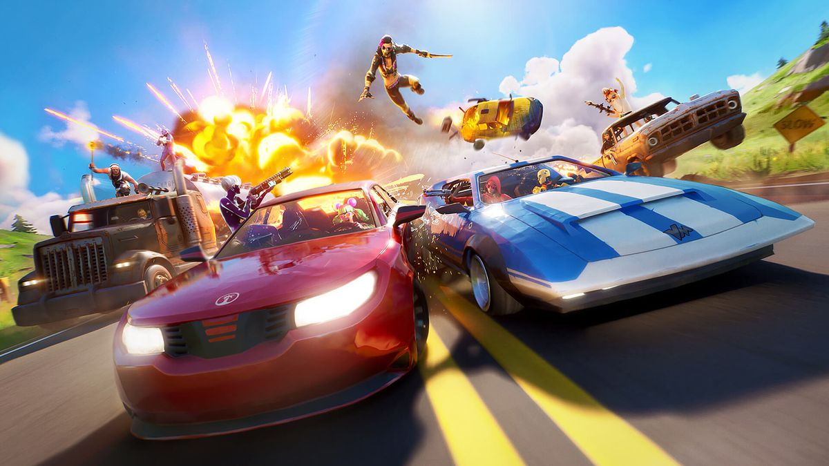 Art from Fortnite’s Joy Ride event where two cars race on the Fortnite island