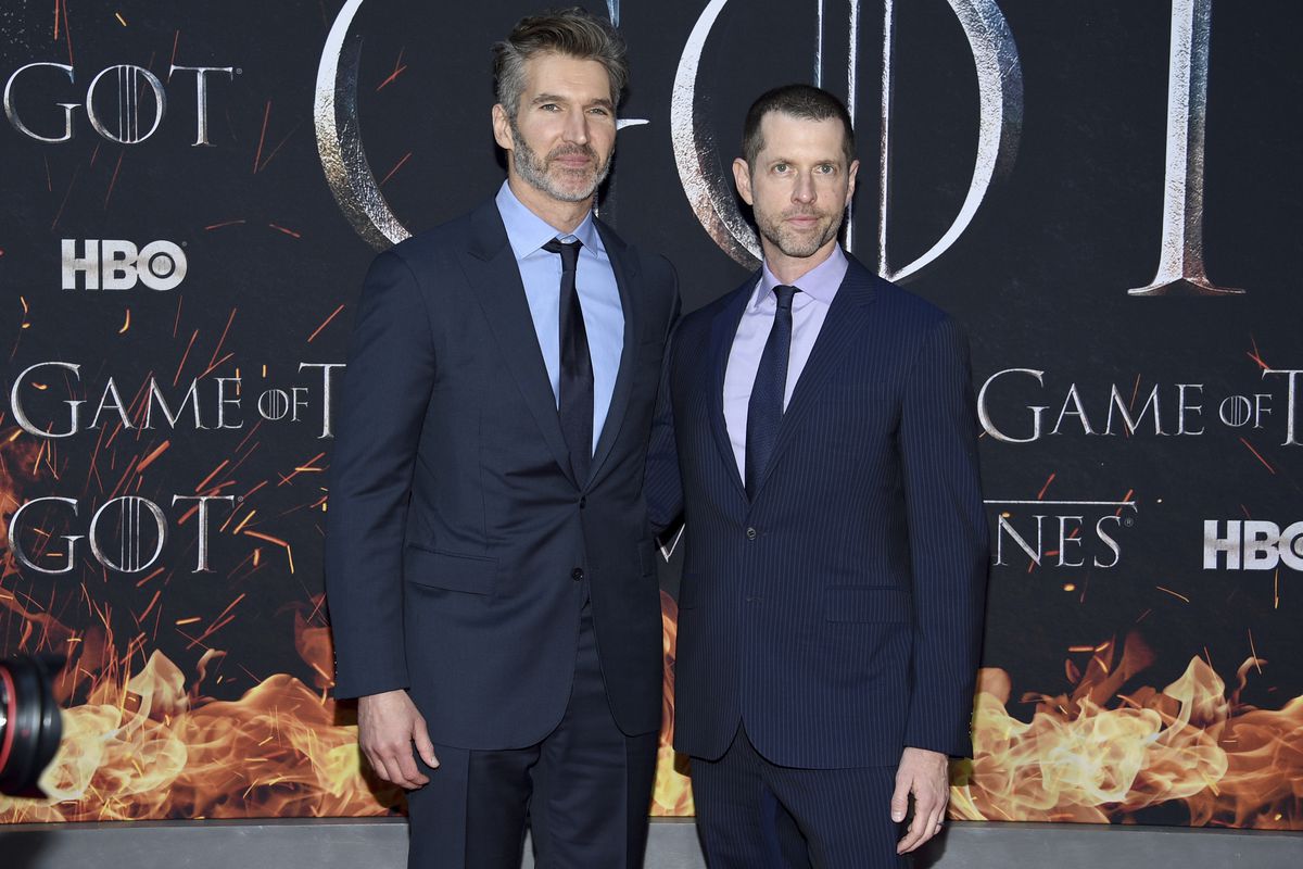 Creator/executive producers David Benioff, left, and D. B. Weiss attend HBO’s “Game of Thrones” final season premiere at Radio City Music Hall on Wednesday, April 3, 2019, in New York.