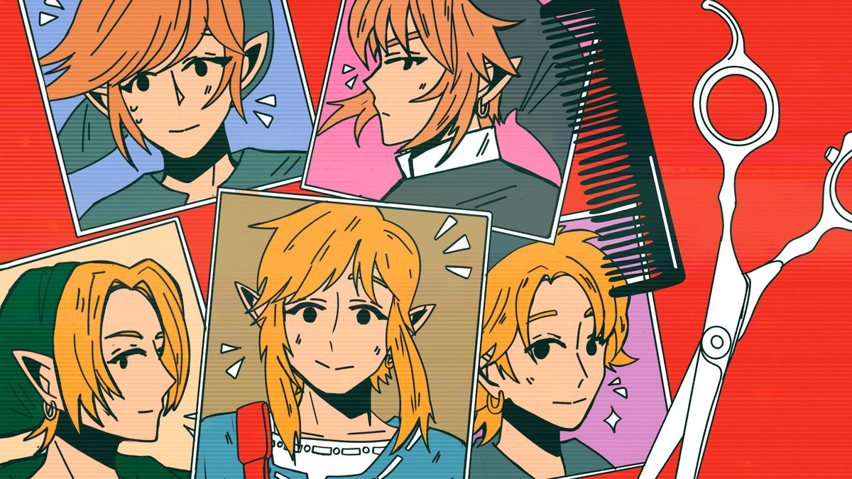 An illustration of a pile of snapshots featuring Link from Zelda with various hair styles and hats, with a pair of scissors sitting next to the pile