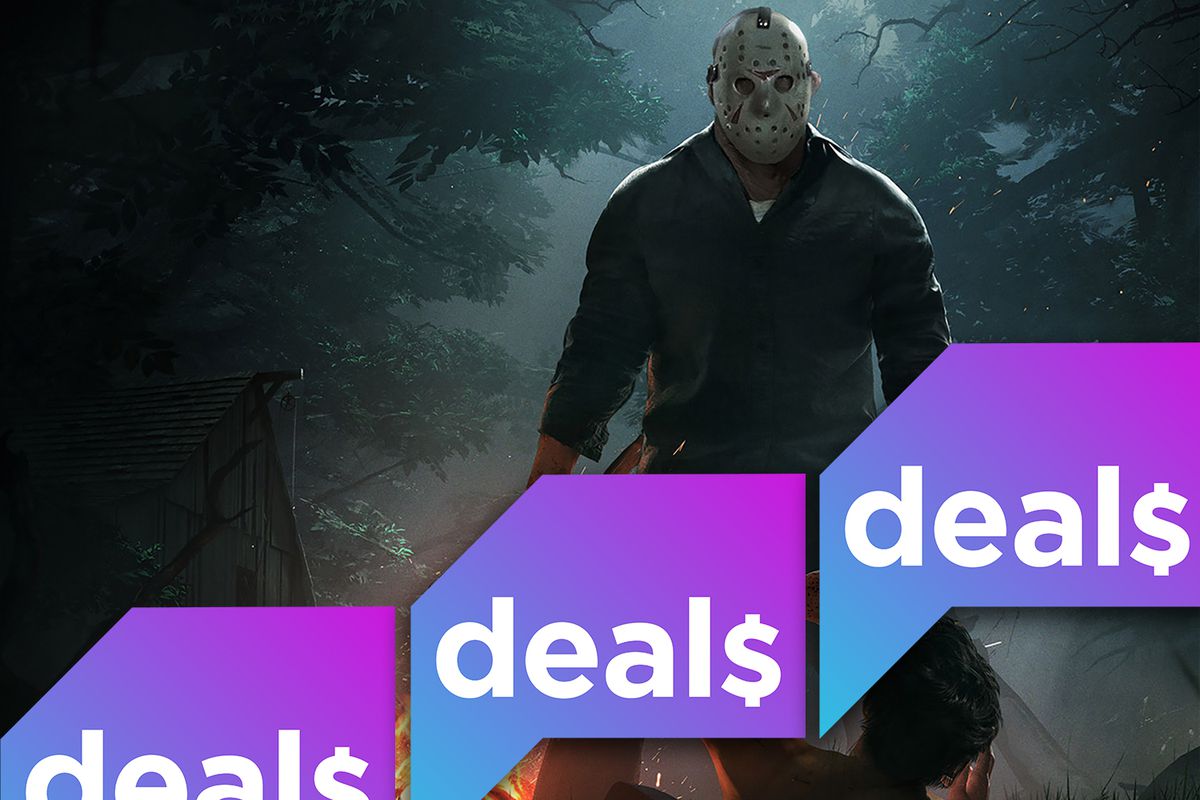 Promotional image from Friday the 13th: The Game overlaid with the Polygon Deals logo