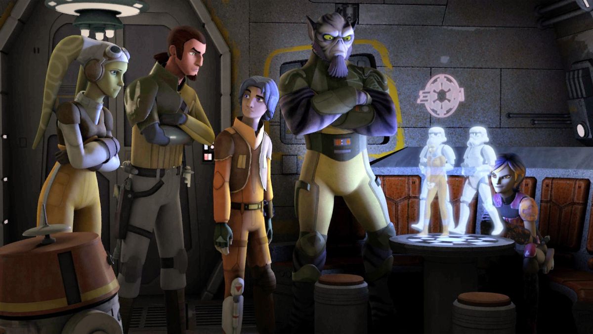 A group of aliens and humans gather around a hologram image of two stormtroopers in Star Wars Rebels