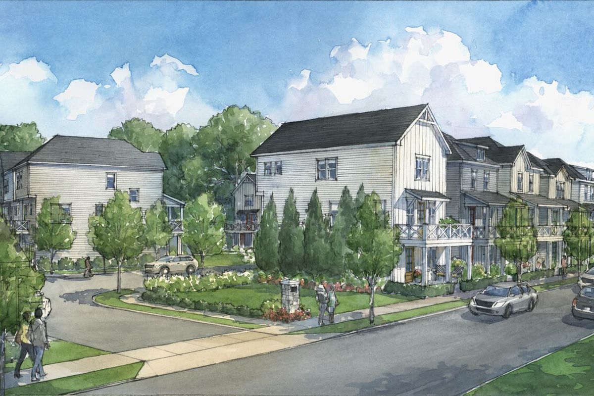 A rendering depicting one of two street entrances at a community designed, per developers, to encourage front-porch interaction with neighbors strolling by. 