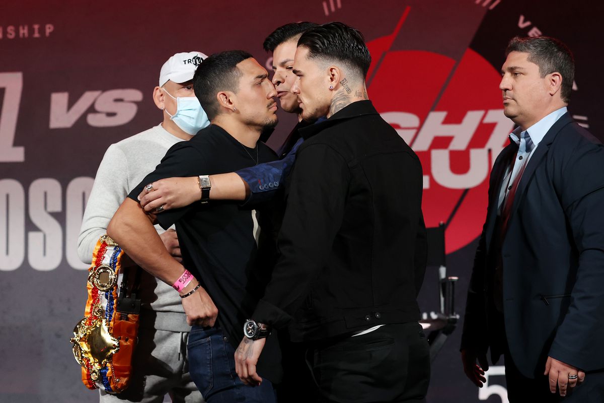 Teofimo Lopez and George Kambosos Jr. face off during a press conference for Triller Fight Club at Mercedes-Benz Stadium on April 16, 2021 in Atlanta, Georgia ahead of their June 5 lightweight title fight.