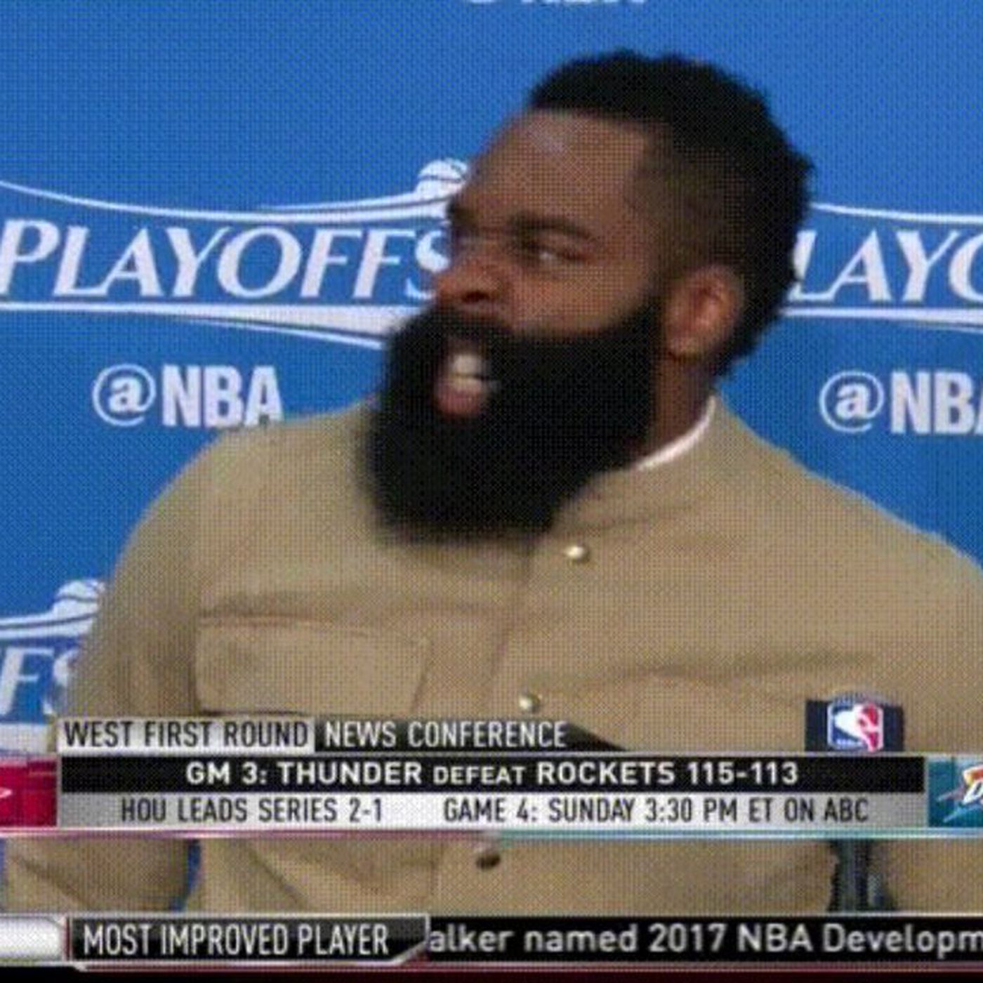 James Harden's press conference grimace is a perfect new meme 