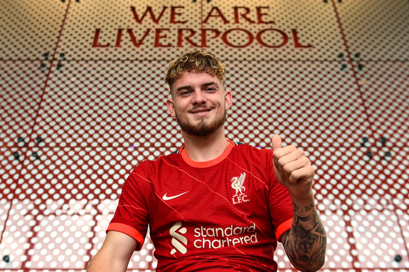 Harvey Elliott of Liverpool after signing a new contract extension at AXA Training Centre on July 09, 2021 in Kirkby, England.