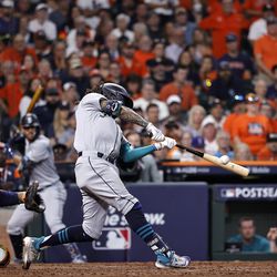 J.P. Crawford #3 of the Seattle Mariners at bat against the Houston Astros during the ninth inning