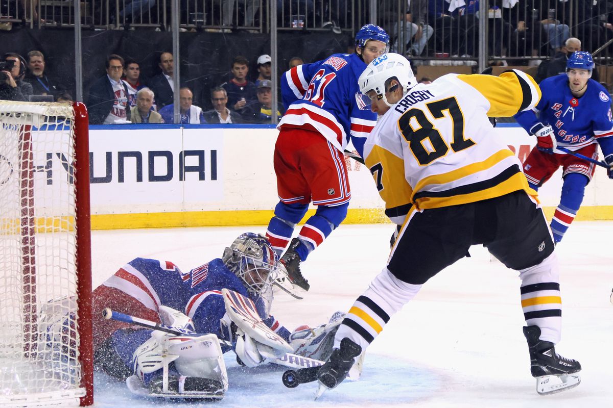 Igor Shesterkin of the New York Rangers makes the third period save on Sidney Crosby of the Pittsburgh Penguins in Game Two of the First Round of the 2022 Stanley Cup Playoffs at Madison Square Garden on May 05, 2022 in New York City.