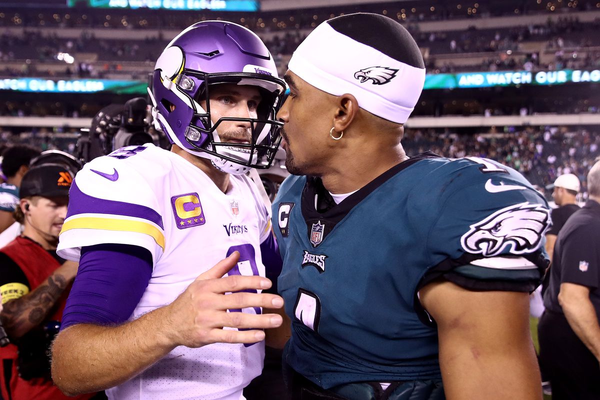 Kirk Cousins #8 of the Minnesota Vikings and Jalen Hurts #1 of the Philadelphia Eagles greet one another after their game at Lincoln Financial Field on September 19, 2022 in Philadelphia, Pennsylvania.