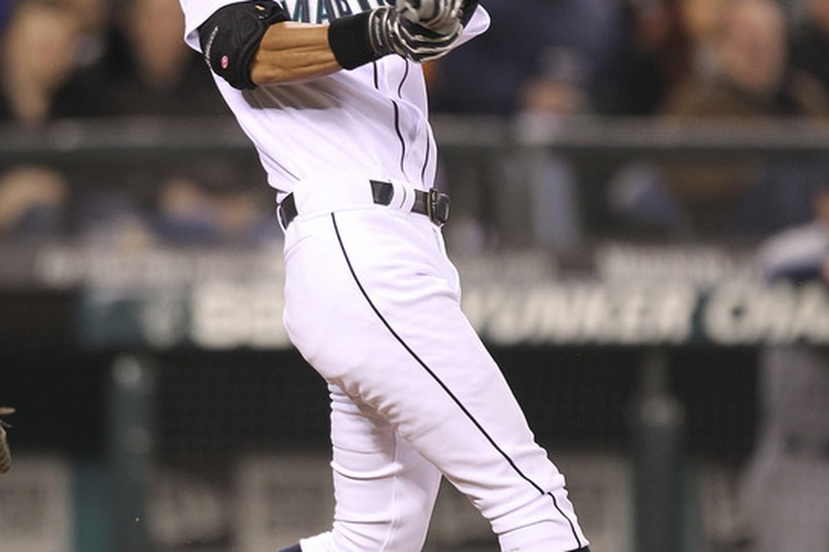 SEATTLE, WA:  Ichiro Suzuki #51 of the Seattle Mariners hits a two-run single in the fourth inning against the Cleveland Indians at Safeco Field in Seattle, Washington. (Photo by Otto Greule Jr/Getty Images)