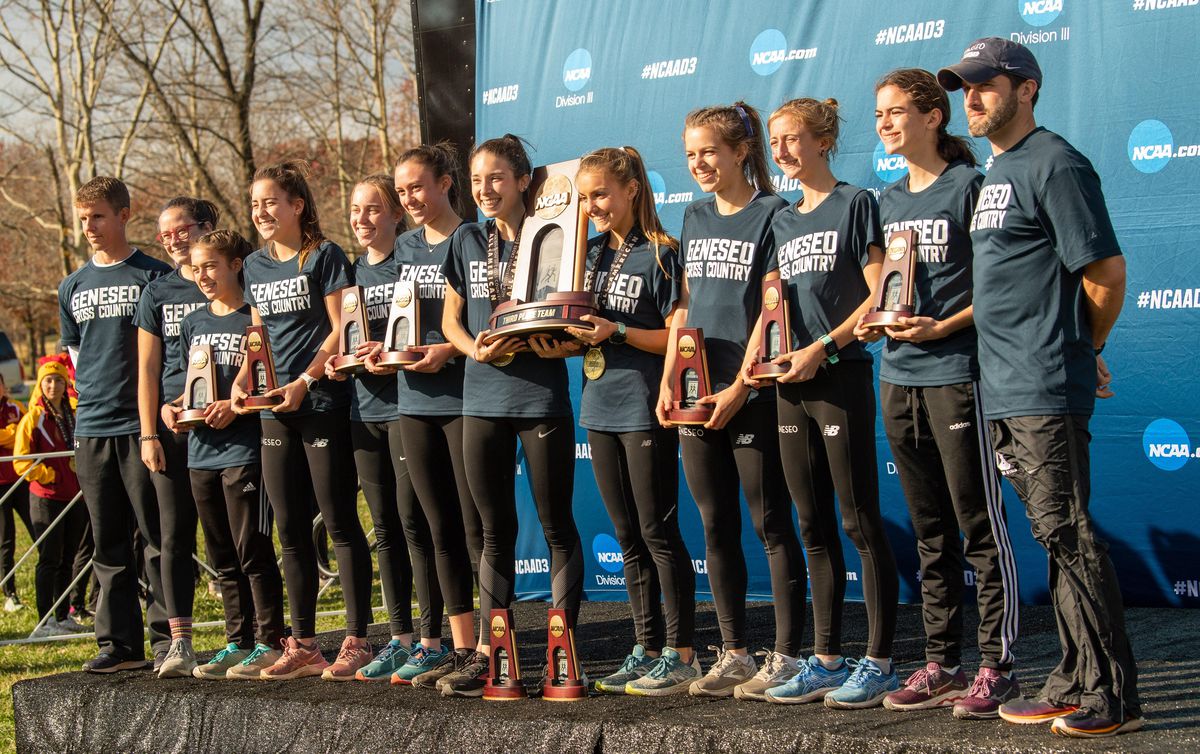 Rachel Hirschkind, third from right, with her State University of New York-Geneseo cross-country team that finished third in last year’s nationals.