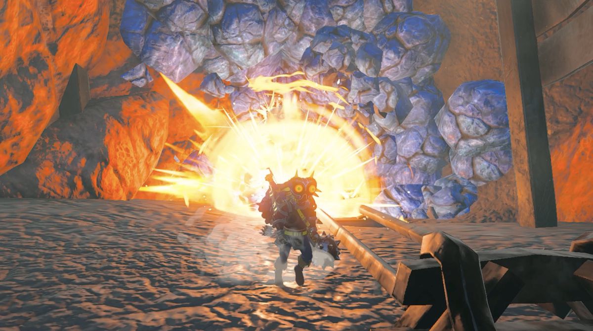 Link summons Vow of Yunobo, Sage of Fire to blow up some rocks in Zelda: Tears of the Kingdom
