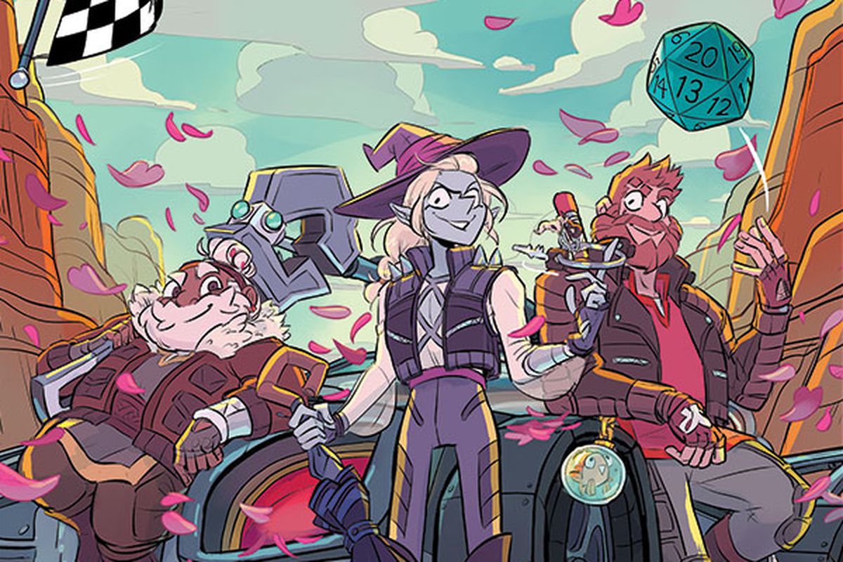The cover for The Adventure Zone: Petals to the Metal. Merle, Taako, and Magnus are posing in front of a battlewagon. Merle has the adamant spanner on one shoulder, sitting on the hood. Magnus is leaning against the door, tossing a d20. Taako is twirling a ring of keys around his finger. Griffin is in the top left corner, waving a checkered flag. Listed at the bottom are the names of the authors and illustrator: Clint McElroy, Griffin McElroy, Justin McElroy, Travis McElroy, and Carey Pietsch.