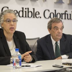 Cook County Board President Toni Preckwinkle  and Finance Committee Chairman John P. Daley met with the Sun-Times Editorial Board in 2016. File Photo. | Rich Hein/Sun-Times
