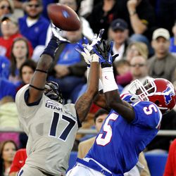 Utah State cornerback Will Davis (17) breaks up a touchdown pass to Louisiana Tech wide receiver D.J. Banks (5) during their NCAA college football game, Saturday, Nov. 17, 2012, in Ruston, La. (AP Photo/Kita Wright)