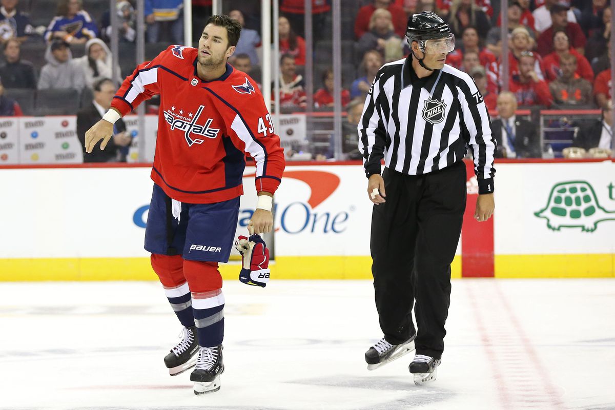 Sep 30, 2018; Washington, DC, USA; Washington Capitals right wing Tom Wilson (43) is escorted off the ice after receiving a match penalty for a check on St. Louis Blues center Oskar Sundqvist (not pictured) in the second period at Capital One Arena.