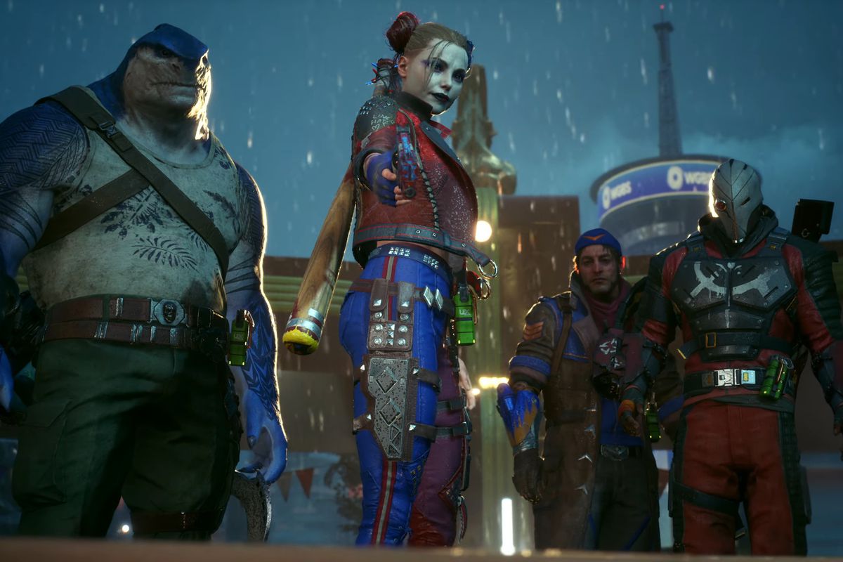 King Shark, Harley Quinn, Captain Boomerang, and Deadshot stand on a roof in the rain in a screenshot from Suicide Squad: Kill the Justice League