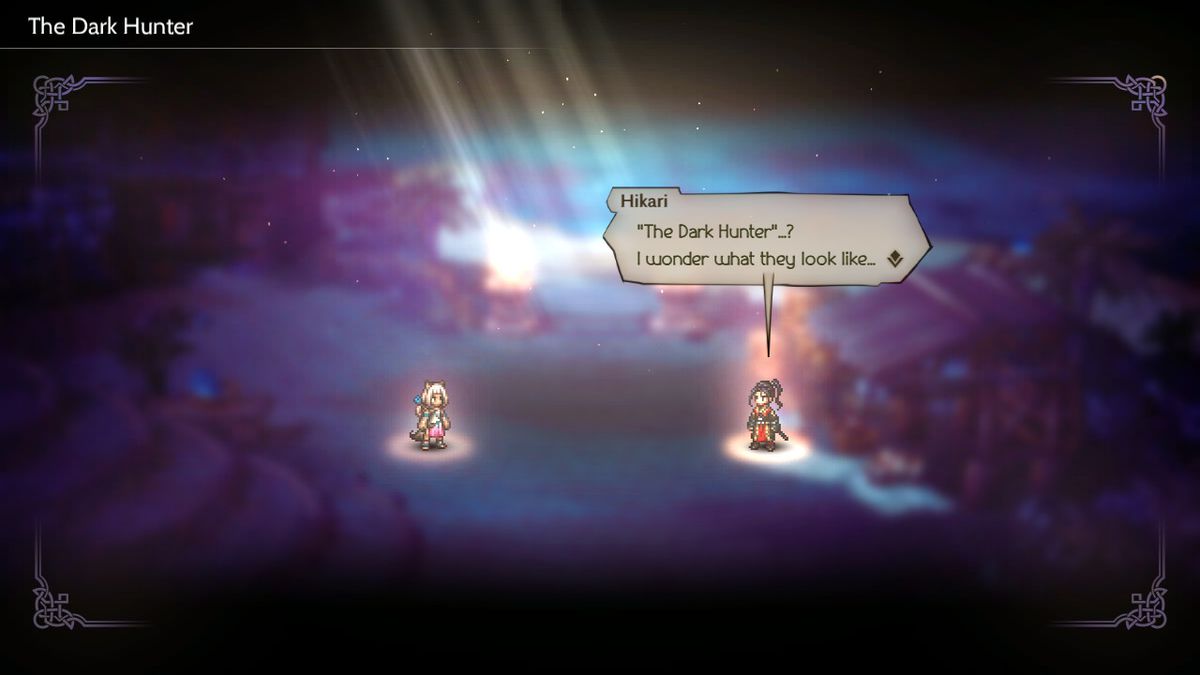 Hikari speaks to a friend in an ethereal void in Octopath Traveler 2