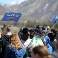Crowds line up before Democratic candidate for president Sen. Bernie Sanders of Vermont gives a speech to supporters at This is the Place Heritage Park in Salt Lake City, Friday, March 18, 2016.