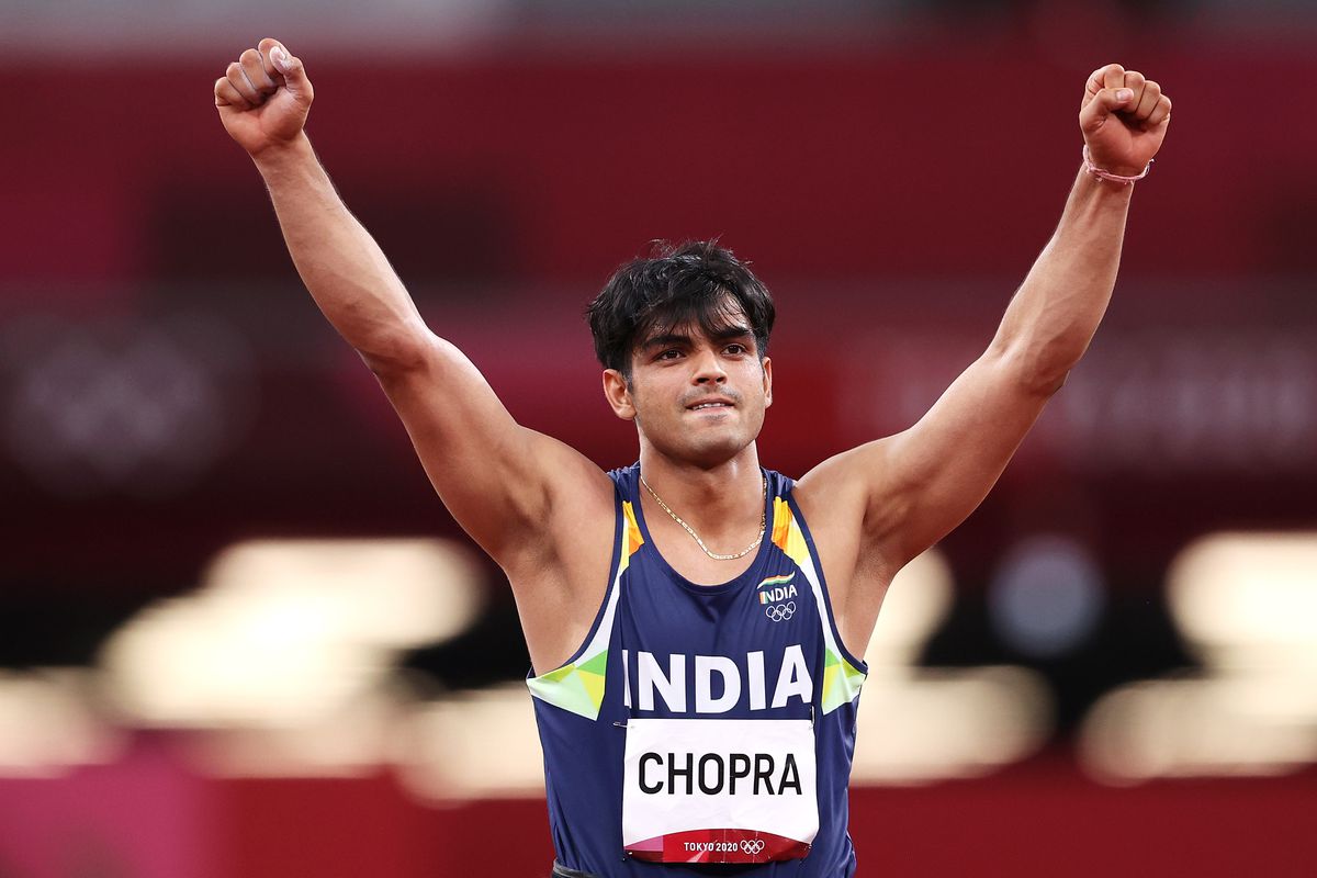 Neeraj Chopra of Team India reacts as he competes in the Men’s Javelin Throw Final on day fifteen of the Tokyo 2020 Olympic Games at Olympic Stadium on August 07, 2021 in Tokyo, Japan.