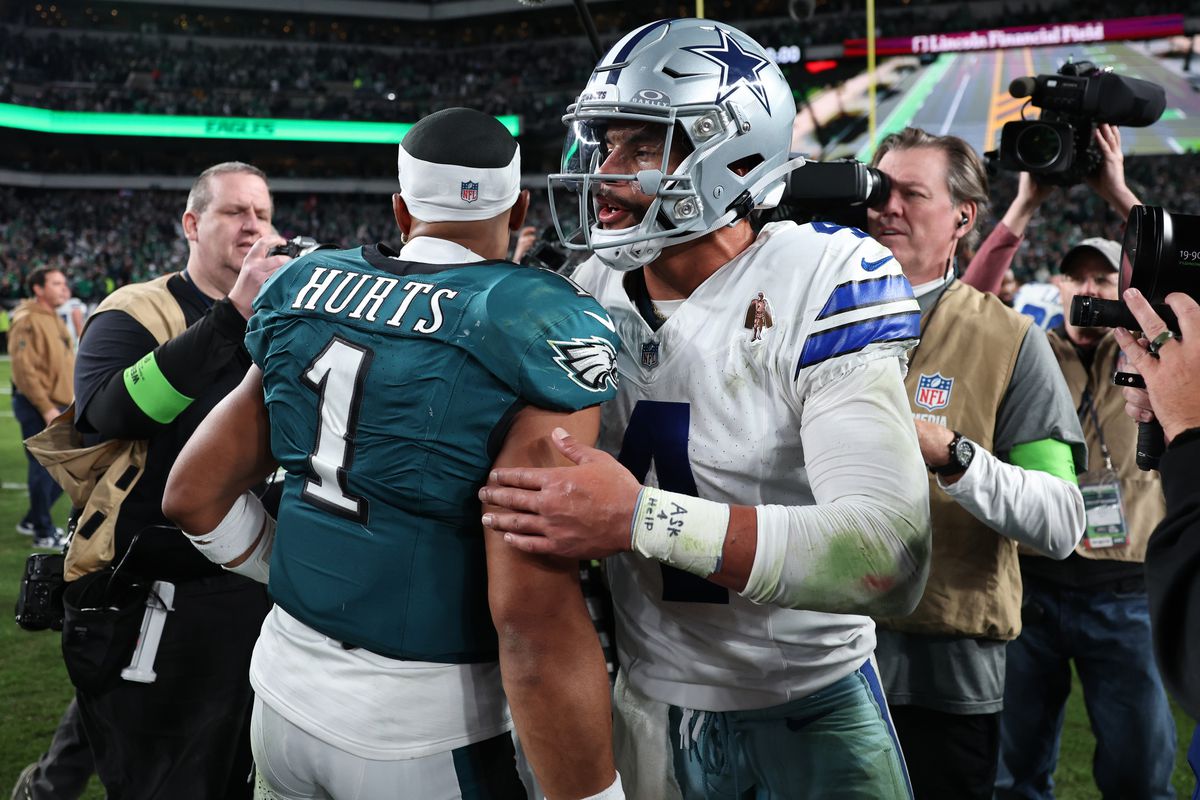 Jalen Hurts #1 of the Philadelphia Eagles and Dak Prescott #4 of the Dallas Cowboys embrace after the game at Lincoln Financial Field on November 05, 2023 in Philadelphia, Pennsylvania.