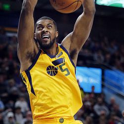 Utah Jazz forward Derrick Favors dunks the ball during NBA basketball against the Los Angeles Clippers in Salt Lake City on Saturday, Jan. 20, 2018.