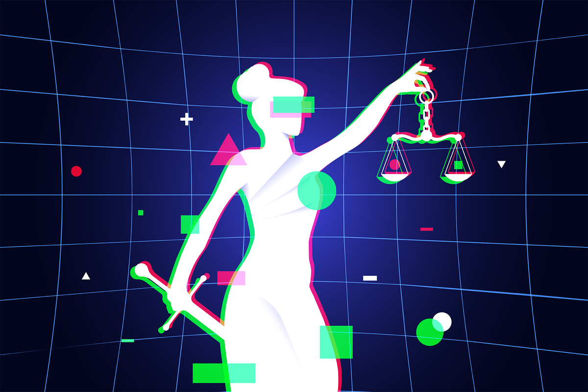 A graphic illustration of a statue holding a balance scale in one hand and a sword in the other, against a gridded backdrop. 