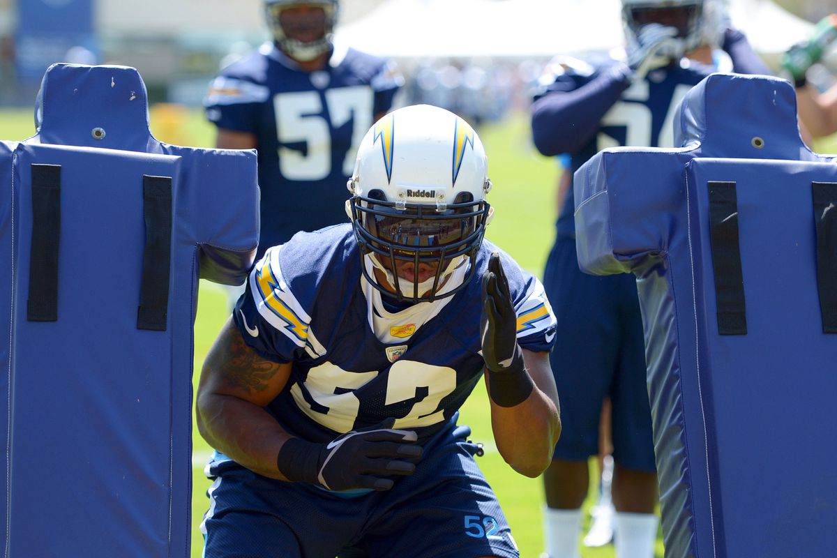 San Diego, CA, USA;San Diego Chargers linebacker Larry English (52) during a blocking drill in training camp at Charger Park. Mandatory Credit: Jake Roth-US PRESSWIRE