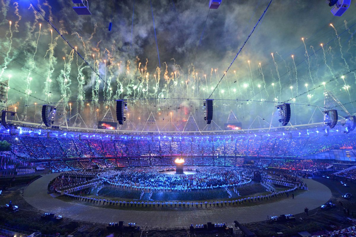 Jul 27, 2012; London, United Kingdom; General view of fireworks and the Olympic torch during the opening ceremony for the 2012 London Olympic Games at Olympic Stadium. Mandatory Credit: Kirby Lee-USA Today Sports