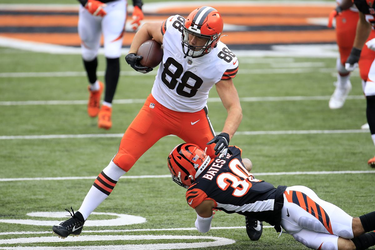 Harrison Bryant #88 of the Cleveland Browns is tackled by Jessie Bates III #30 of the Cincinnati Bengals during the second half at Paul Brown Stadium on October 25, 2020 in Cincinnati, Ohio.