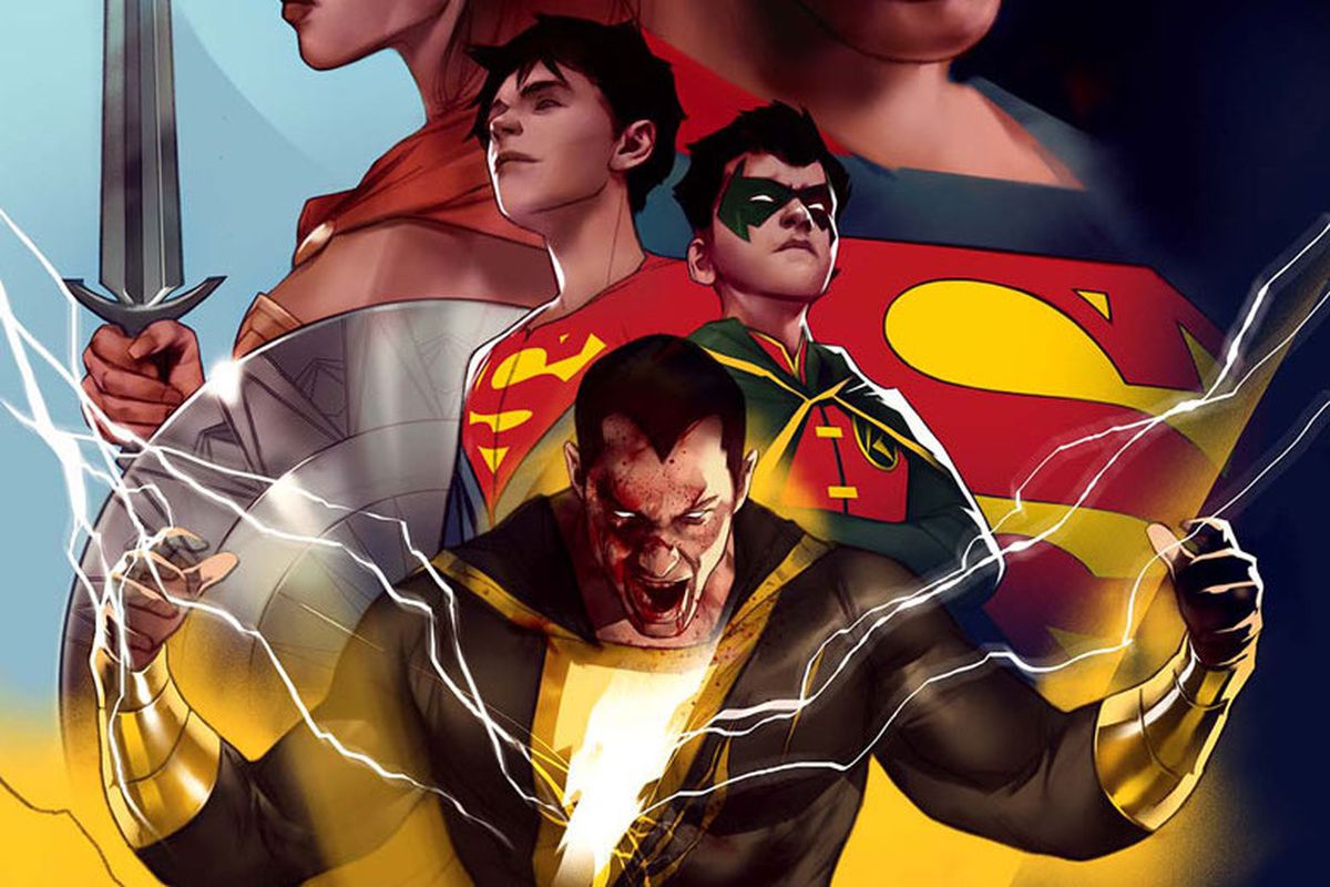 Wonder Woman, Superman, Superboy, Robin, and a zombified Black Adam pose on the cover of DCeased: Hope at World’s End #1, DC Comics (2020). 