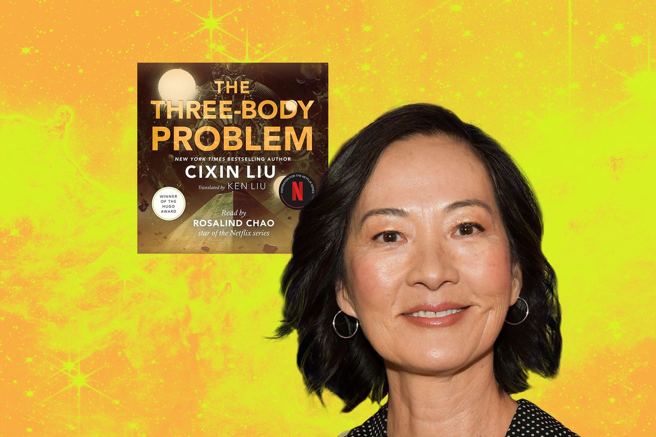 Photo collage of Rosalind Chao next to the audiobook tile for The Three-Body Problem.