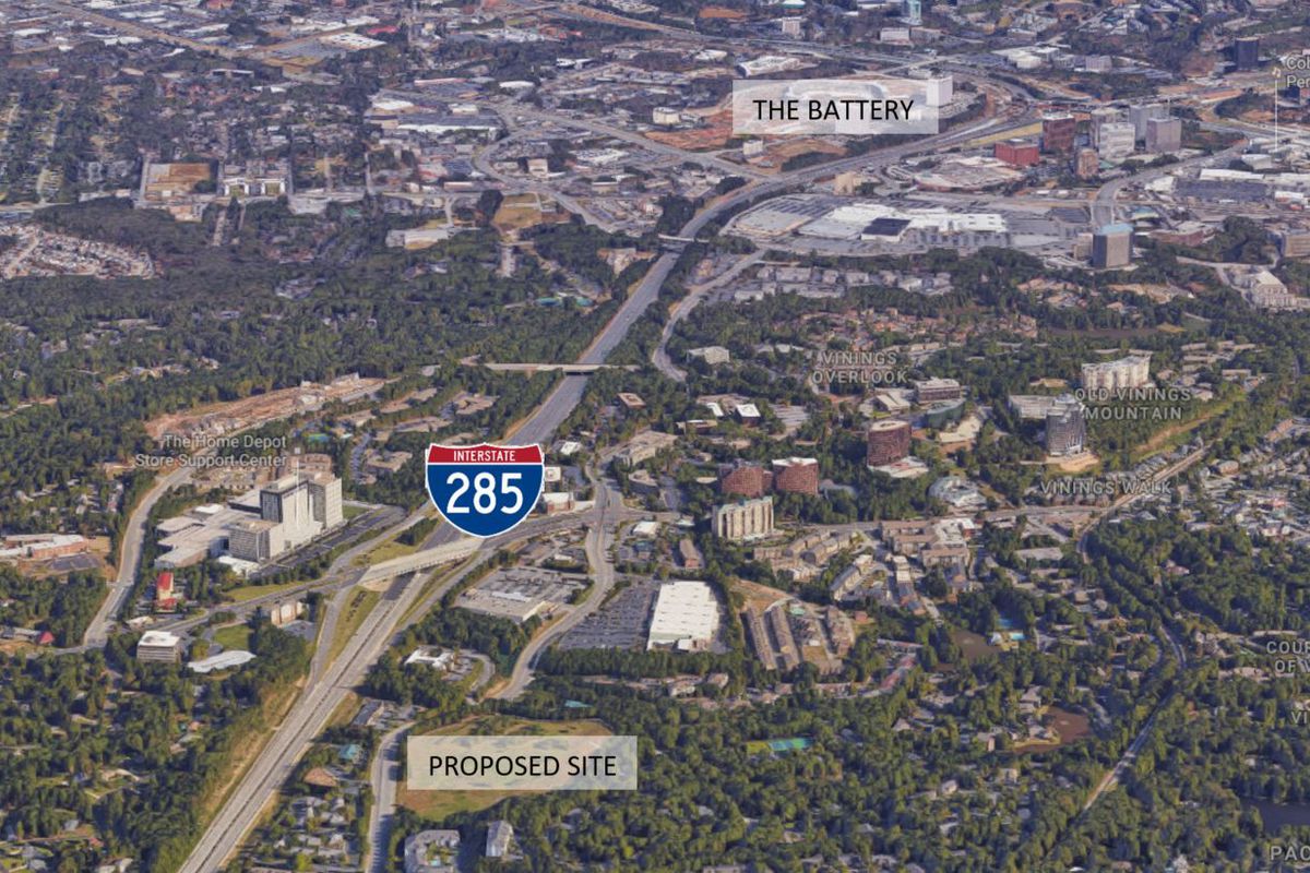 An aerial view shows the relationship of the Battery and the proposed site, just off of Interstate 285.
