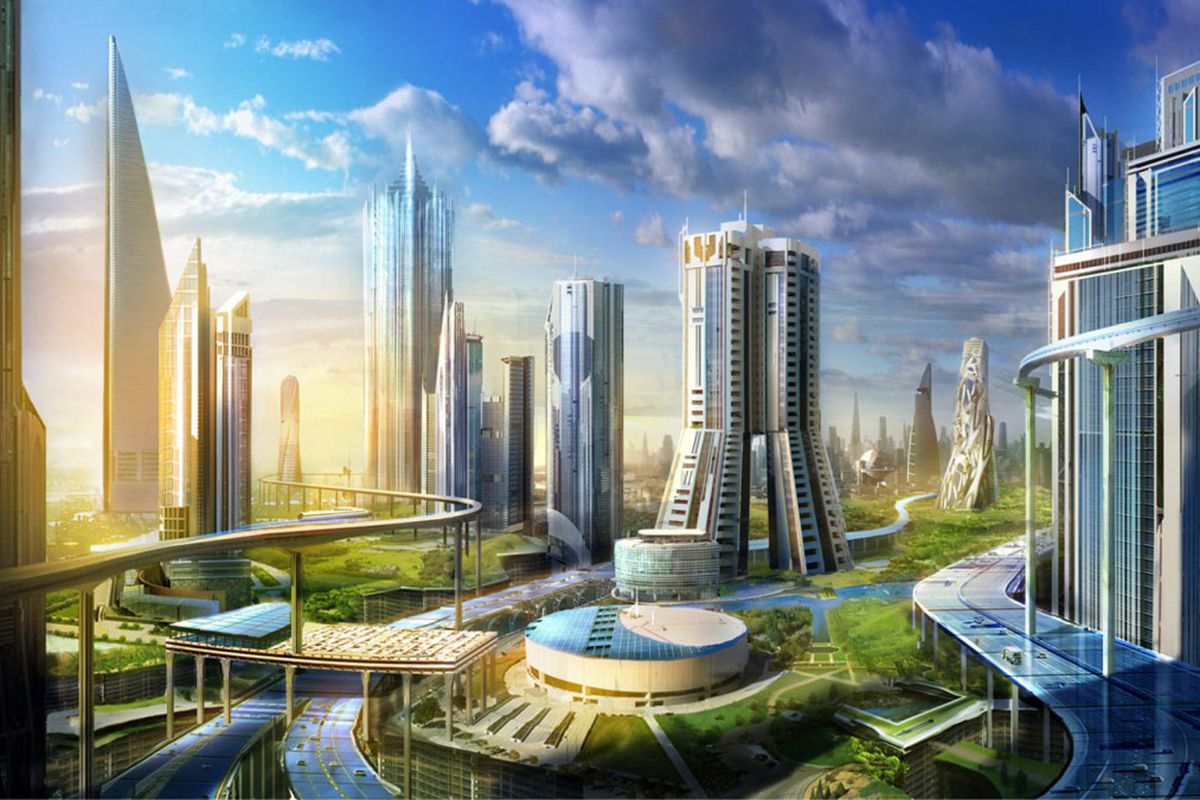 A fictional utopian city with tall buildings.