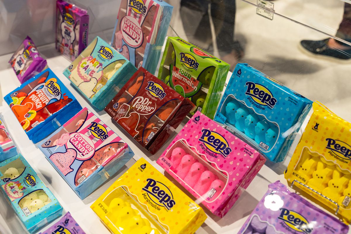 A variety of Peeps, including Dr. Pepper-flavored, sit on display. 