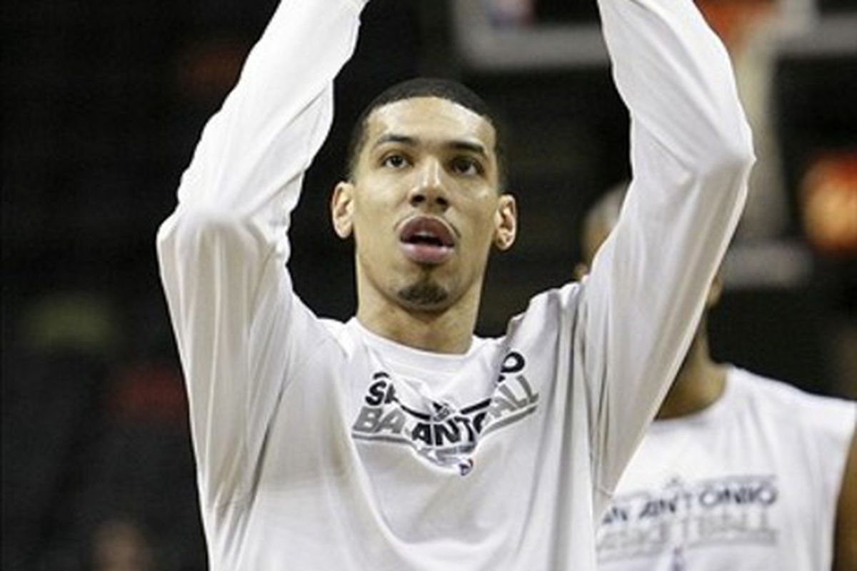 Mar 4, 2012; San Antonio, TX, USA; San Antonio Spurs guard Danny Green (4) warms up before the game against the Denver Nuggets at the AT&T Center. Mandatory Credit: Soobum Im-US PRESSWIRE