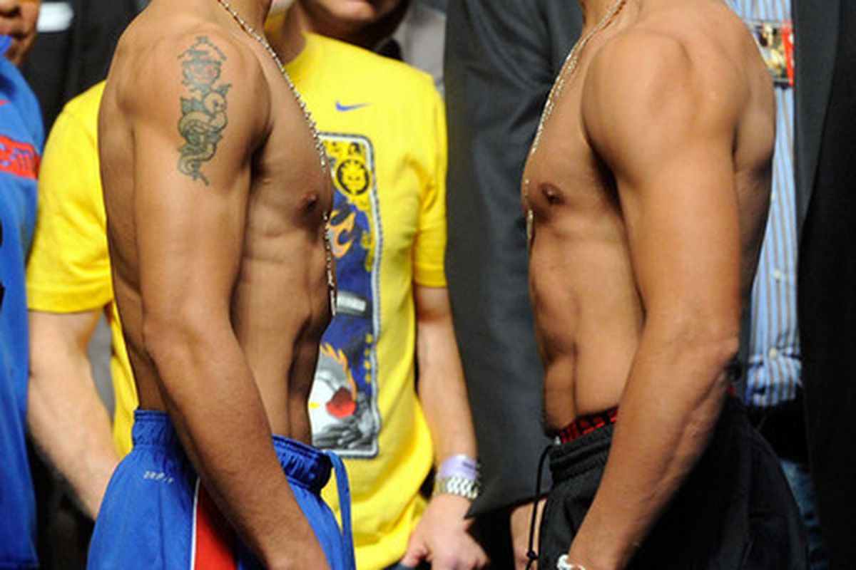Manny Pacquiao and Juan Manuel Marquez face off prior to their third and deciding match up at the MGM Grand Garden Arena in Las Vegas, Nevada, live on HBO pay-per-view (PPV) later tonight (Nov. 12, 2011).