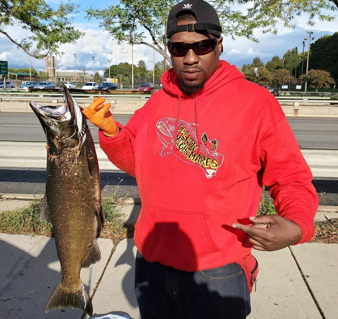Wayne Hankins with a nice Jackson Park fish and a “Salmon Nightmares” hoodie. Provided photo