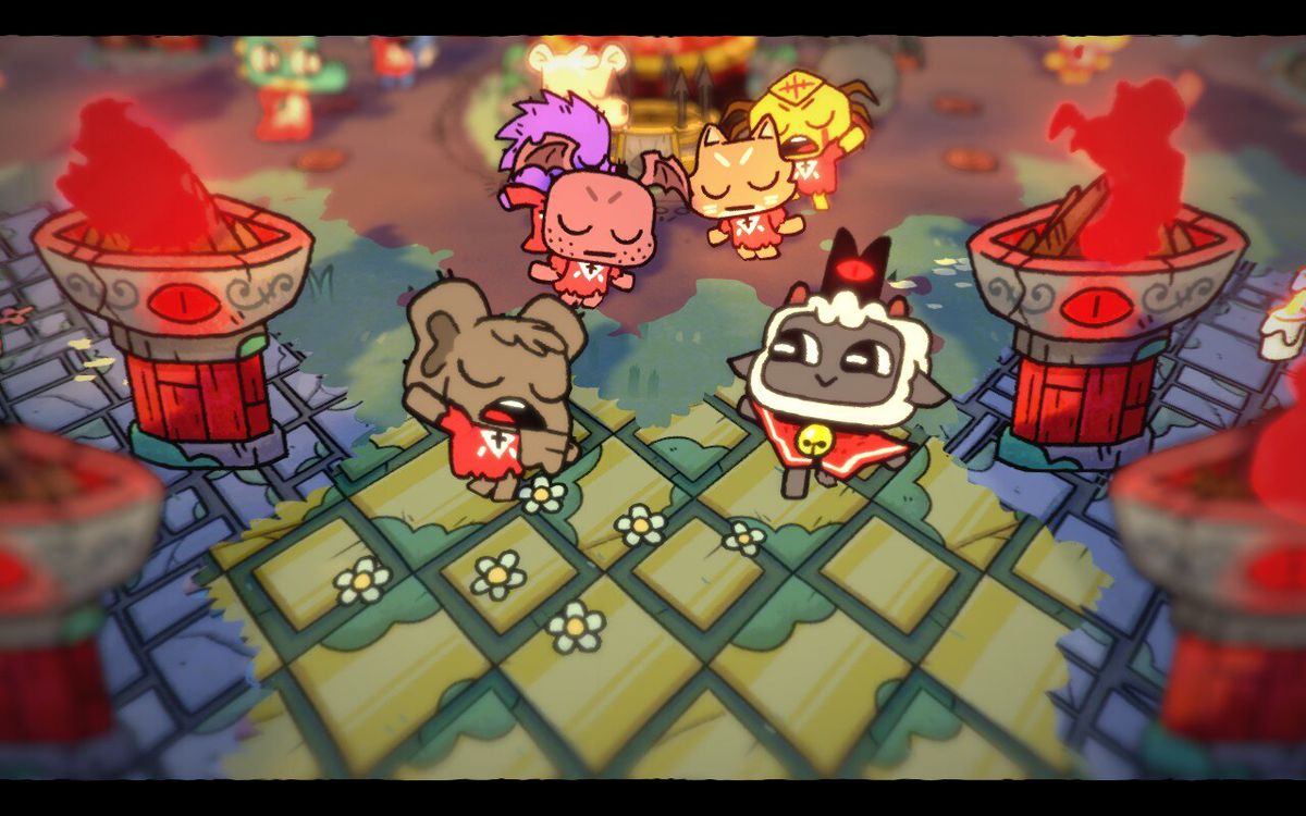 Screenshot from Cult Of The Lamb featuring a lamb wearing a black crown of evil dancing with an elephant cult member in a ritual of faith