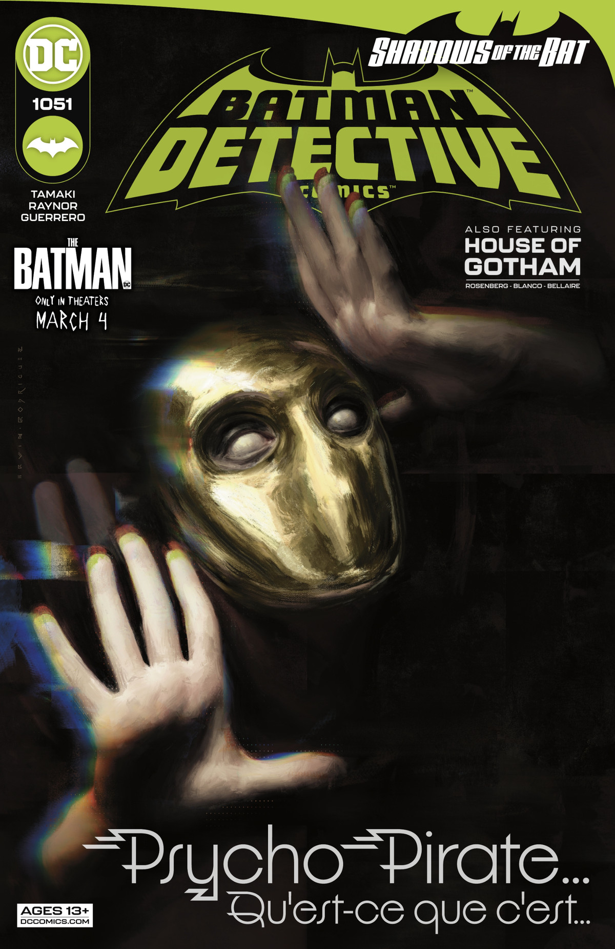 The Psycho Pirate’s hands gesture wildly around his impassive mask, with text reading “Psycho Pirate... Qu’est-ce que c-est” on the cover of Detective Comics #1051 (2022).