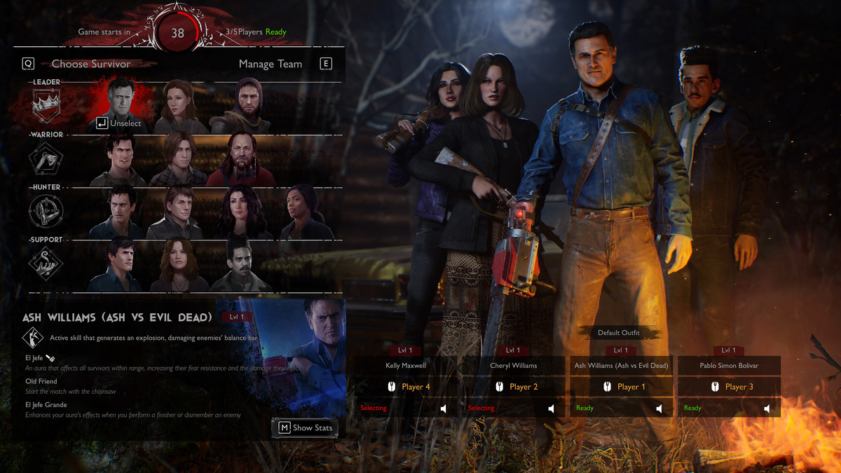The character select screen in Evil Dead: The Game features four playable classes, 10 playable characters, and a party consisting of Kelly Maxwell, Cheryl Williams, Pablo Simon Bolivar, and Ash Williams from Ash Vs. Evil Dead.