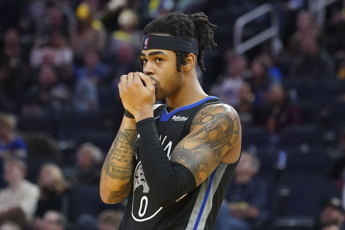 Detail view of the tattoos on Golden State Warriors guard D’Angelo Russell during the third quarter against the Houston Rockets at Chase Center.&nbsp;